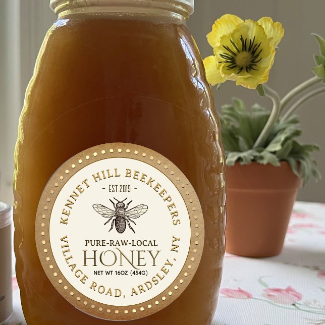 Honey Label Kraft Dotted Border French Bee Runder Aufkleber (Von Creator hochgeladen)