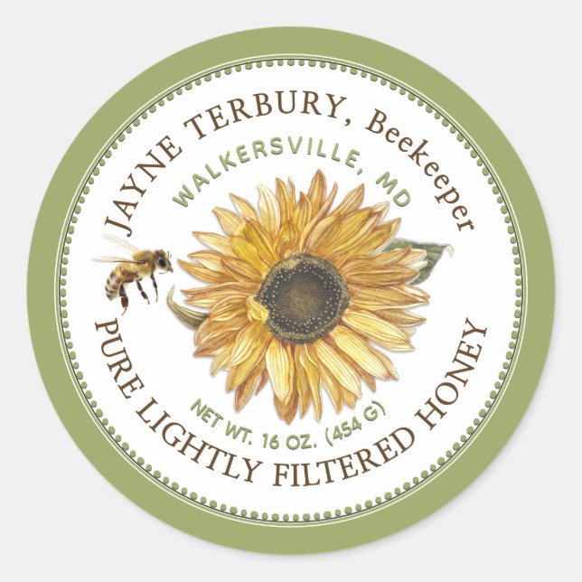 Honey Label Sonnenblume mit Biene Runder Aufkleber (Vorderseite)