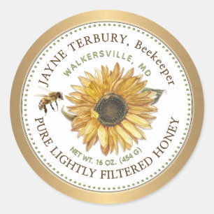 Honey Label Sonnenblume mit Bienengoldgrenze Runder Aufkleber