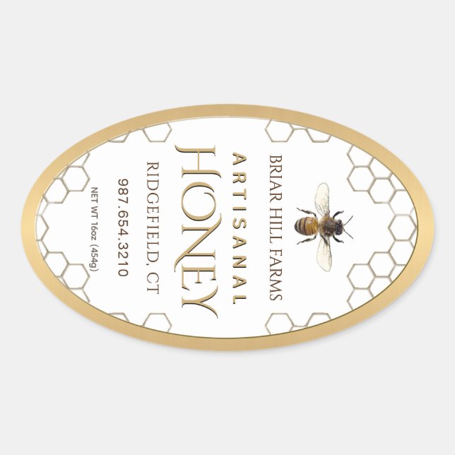 Honey Label with honeycomb, bee and gold border Ovaler Aufkleber (Vorderseite)