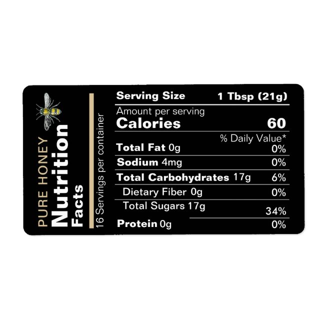 Honey Nutrition Facts Label Black Gold Bee (Vorne)