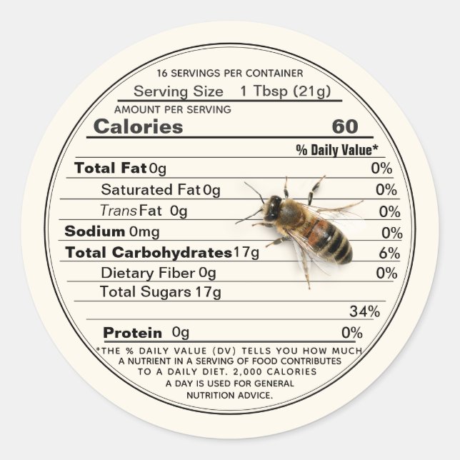 Honey Nutrition Fakten Label lebensgroße Biene Elf Runder Aufkleber (Vorderseite)