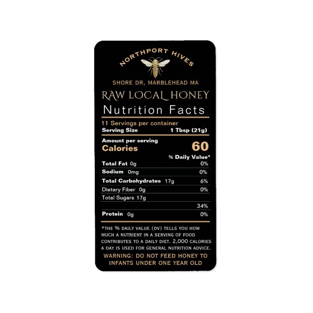 Honey Nutrition Fakten mit Säugling Warning & Bien Adressaufkleber (Vorne)