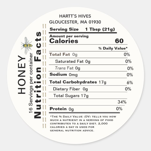 Honey Nutrition Fakten Round Label Apiary Name Bie Runder Aufkleber (Vorderseite)
