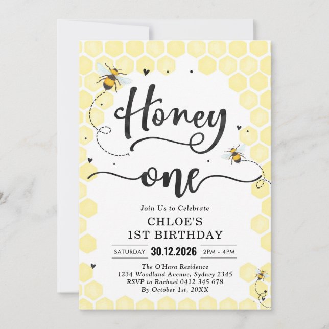Honey One Honey Bee 1st Birthday Invitation (Devant)