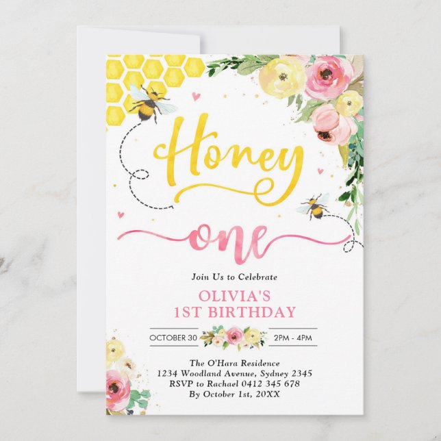 Honey One Honey Bee 1st Birthday Invitation Einladung (Vorderseite)