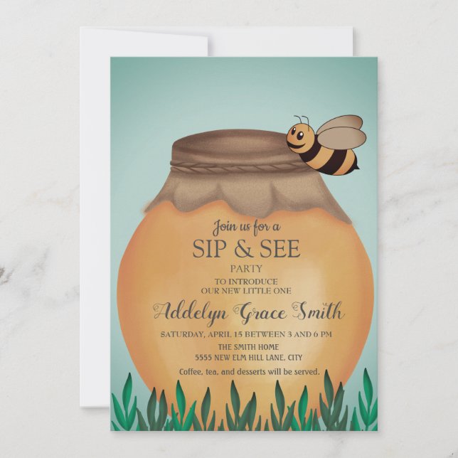 Honey Pot and Honeybee Sip See Baby Shower Einladung (Vorderseite)
