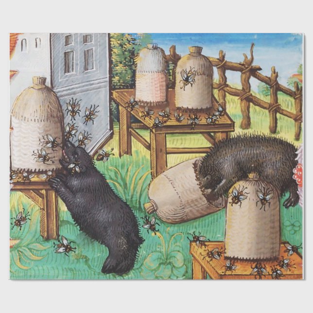 HONEY THIEF BEARS, BIES, BEE NIMMT mittelalterlich Geschenkpapier (Flach)