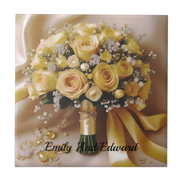Honey Yellow Roses Wedding Bouquet, Fliese (Vorderseite)
