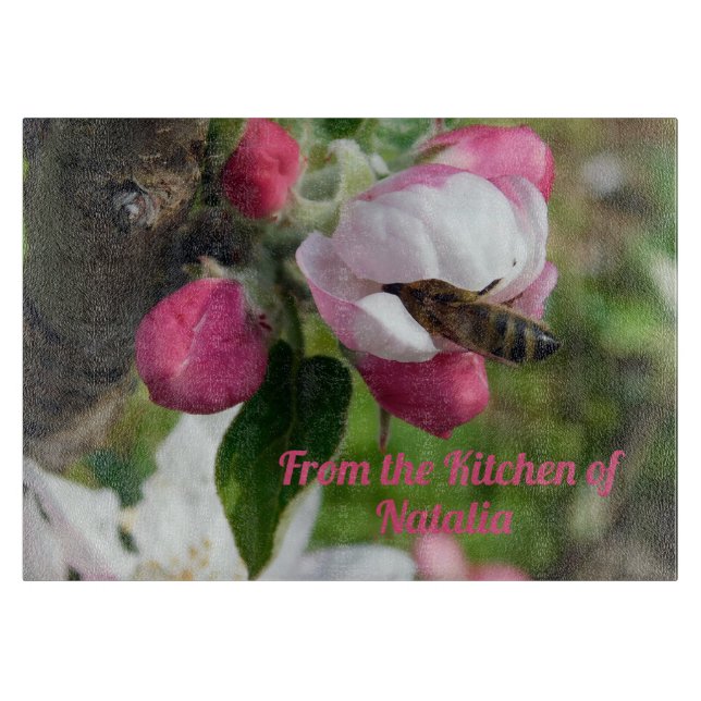 Honeybee & Apple Blossom Glass Cutting Board Schneidebrett (Vorderseite)