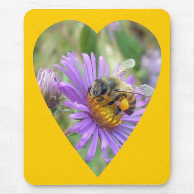 Honeybee auf Fall Asters Herz Mousepad (Vorne)