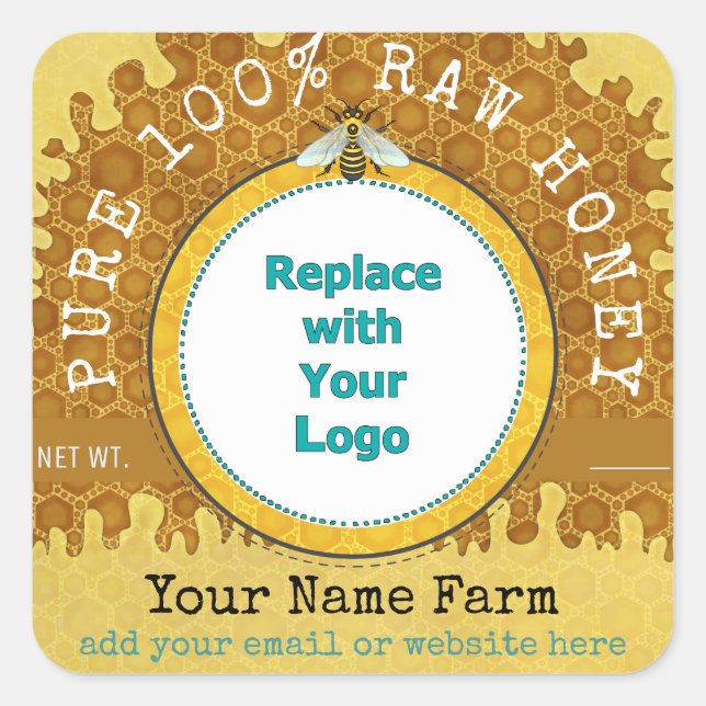 Honeybee Honey Jar Apiary Logo | Honeycomb Bee V2 Quadratischer Aufkleber (Vorderseite)