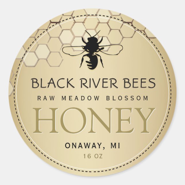 Honeycomb & Bee Raw Honey Label Gold Runder Aufkleber (Vorderseite)