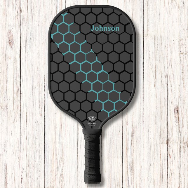 Honeycomb Blau und Schwarz Moderne Monogram Pickleball Schläger (Von Creator hochgeladen)