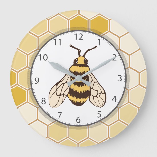 Honeycomb Bumblebee Grey Numbers Große Wanduhr (Vorderseite)