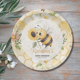 Honeycomb Floral Bee Custom Name Baby Shower Pappteller