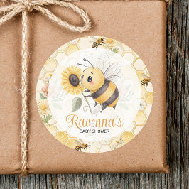 Honeycomb Floral Bee Custom Name Baby Shower Runder Aufkleber