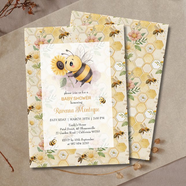 Honeycomb Floral Bee Personalized Baby Shower Einladung (Von Creator hochgeladen)