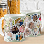 Honeycomb Foto Collage 17 Picture Sage Green Kaffeetasse<br><div class="desc">Erstellen Sie Ihr eigenes Foto-Mosaik im Wabenmuster. Die Fotovorlage ist für Sie Set, 17 Ihrer Lieblingsbilder von Freunden, Familie, Haustieren, Ferien etc. hinzuzufügen. Ihre Bilder werden in Hexagon-Form dargestellt, um die Wabenbrille zu bilden und in Reihen von verlassen nach rechts zu arbeiten. Das Design ist in warmen Weiß und Grün...</div>