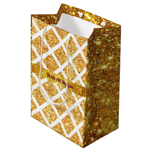 Honeycomb Gold Glitzer Boho Popular Collection Mittlere Geschenktüte (Vorderseite Schrägansicht)