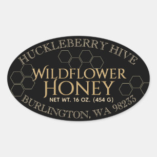Honeycomb Honey Black Gold Oval Honey Label Ovaler Aufkleber