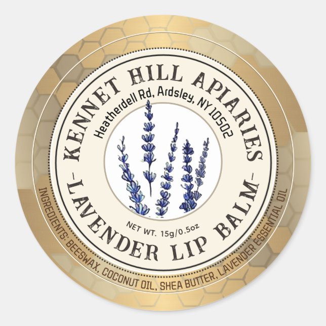 Honeycomb & Lavender Lip Balm Label Elfenbeingold Runder Aufkleber (Vorderseite)