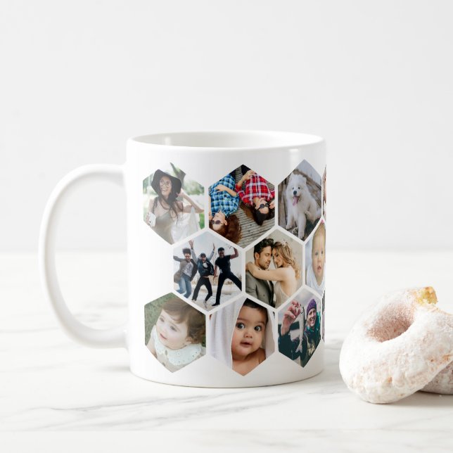 Honeycomb Photo Collage 20 Picture Coffee Mug Kaffeetasse (Mit Donut)