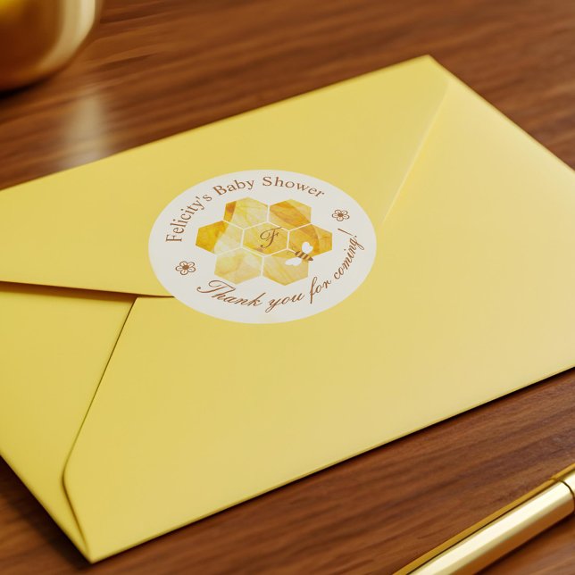 Honeycomb Watercolor Blume & Bee Baby Dusche Runder Aufkleber (Honeycomb Watercolor Flower & Bee Baby Shower Classic Round Sticker)