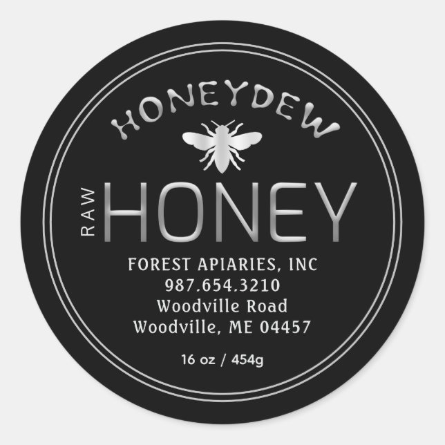 HONEYDEW FOREST HONEY Silver on Black with Bee Runder Aufkleber (Vorderseite)