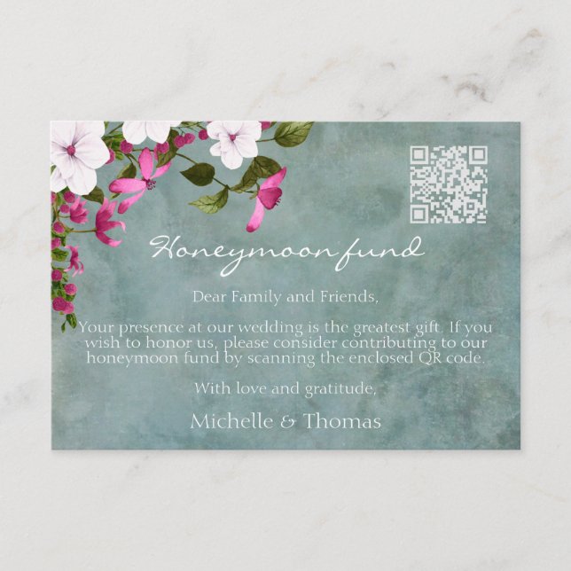 Honeymoon Fund Dusty Aquamarin White Magenta Flora Begleitkarte (Vorderseite)