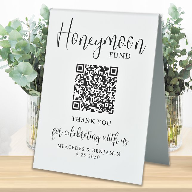 Honeymoon Fund Elegante Script QR Code Hochzeit Tischaufsteller (Von Creator hochgeladen)
