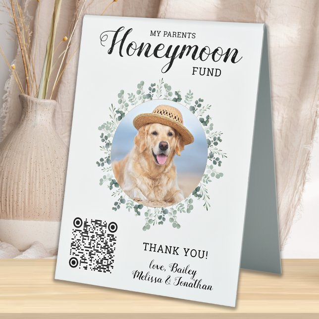 Honeymoon Fund Eucalyptus QR Code Dog Pet Wedding Tischaufsteller (Von Creator hochgeladen)