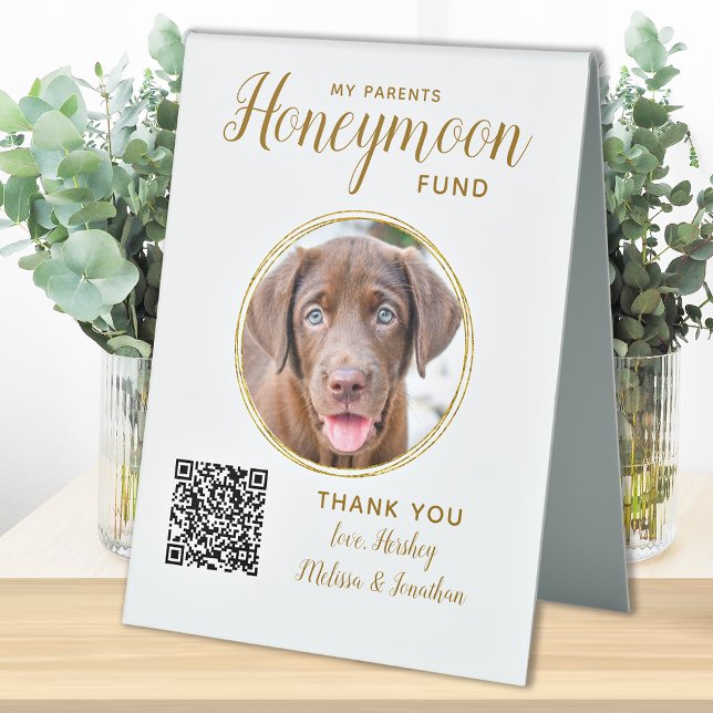 Honeymoon Fund Haustier Hochzeit Gold QR Code Foto Tischaufsteller (Von Creator hochgeladen)