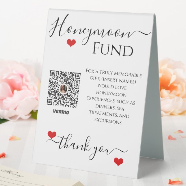 Honeymoon Fund Hochzeit Empfang Venmo Code-Zeichen Tischaufsteller (In Situ (Hochzeit))