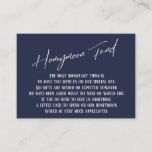 Honeymoon Fund Modern Handwriting Navy Blue Begleitkarte<br><div class="desc">Diese einfachen, unverwechselbaren Karteneinsätze wurden so konzipiert, dass sie anderen Elementen in einer wachsenden Veranstaltungspalette entsprechen, die über einen modernen lässigen Schriftart mit einem schlichten Hintergrund verfügt, in dem Sie alle gewünschten Farben einstellen können. Auf der Vorderseite lesen Sie "Honeymoon Fund" in der vorgestellten Schrift. auf der Rückseite habe ich...</div>