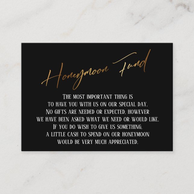 Honeymoon Fund Moderne Gold Handwriting Wedding Begleitkarte (Vorderseite)