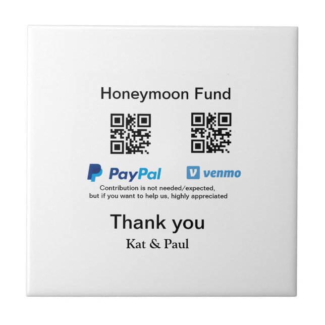 Honeymoon Fund PayPal Venmo QR Code Vielen Dank Fliese (Vorderseite)
