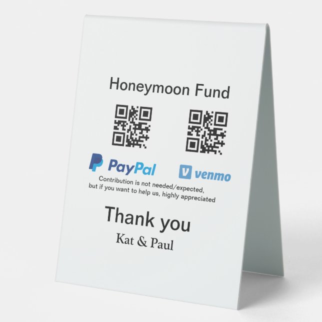 Honeymoon Fund PayPal Venmo QR Code Vielen Dank Tischaufsteller (Vorderseite)