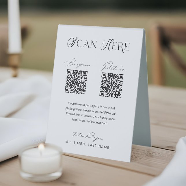 Honeymoon Fund & Pictures QR Code Scan Wedding Tischaufsteller (Honeymoon Fund & Pictures QR Code Scan Wedding Table Tent Sign)