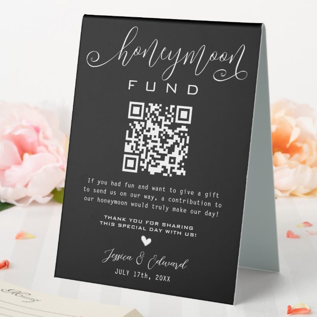 Honeymoon Fund Qr Code Black Chic Modern Minimal Tischaufsteller (In Situ (Hochzeit))