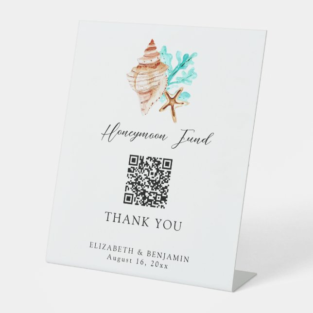 Honeymoon Fund QR Code Coastal Wedding Elegant Sockelschild (Vorderseite)