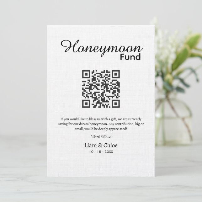  Honeymoon Fund QR Code Sign Wedding Honeymoon Einladung (Stehend Vorderseite)