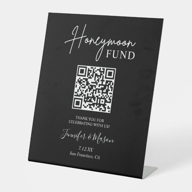 Honeymoon Fund Sign, QR Code Honeymoon Wish Black Sockelschild (Vorderseite)