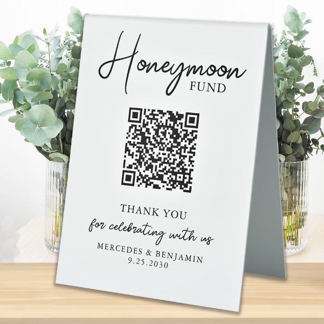 Honeymoon Fund Simple Handwriting QR Code Wedding Tischaufsteller (Von Creator hochgeladen)