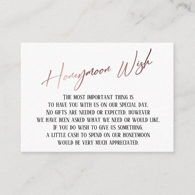 Honeymoon Wish Modern Rose Gold Handwriting Begleitkarte (Vorderseite)