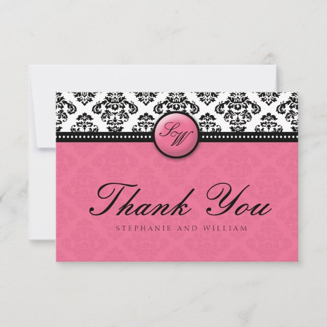 Honeysuckle Damask Monogram Wedding Danke Card (Vorderseite)