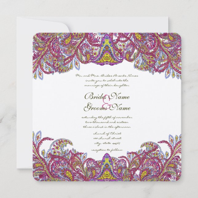 Honeysuckle Pink Peacock Paisley Wedite Invite Einladung (Vorderseite)