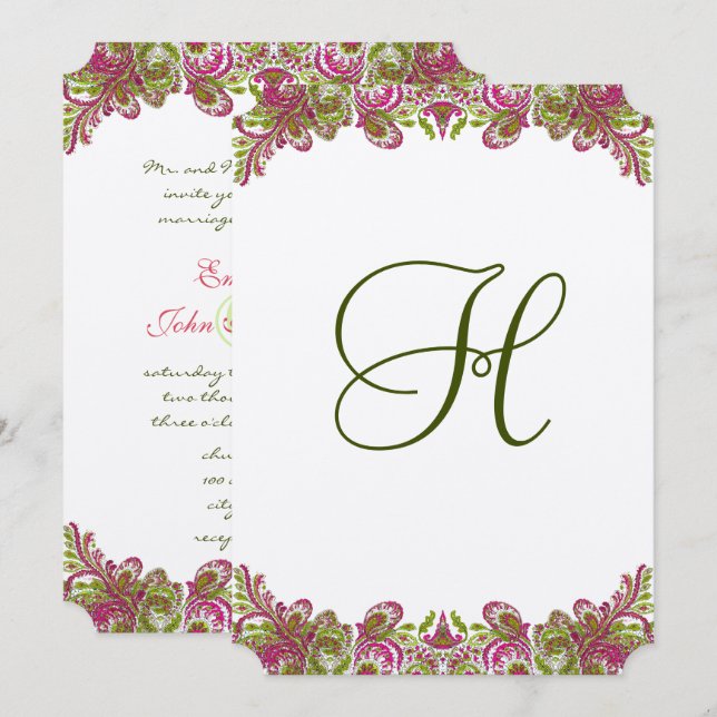 Honeysuckle Pink und Apple Green Paisley Wedding Einladung (Vorne/Hinten)