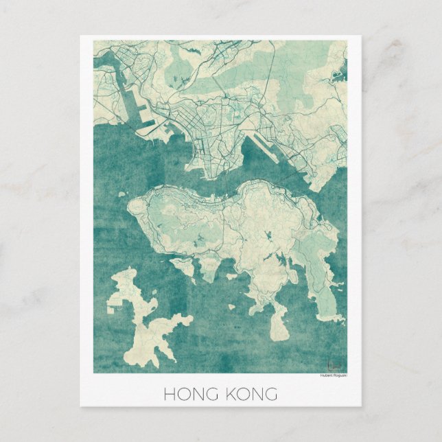 Hong Kong Map Blue Vintag Water Postkarte (Vorderseite)