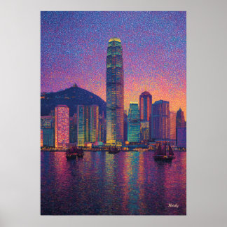 Hong Kong Skyline Pointillism Sunset Cityscape Poster
